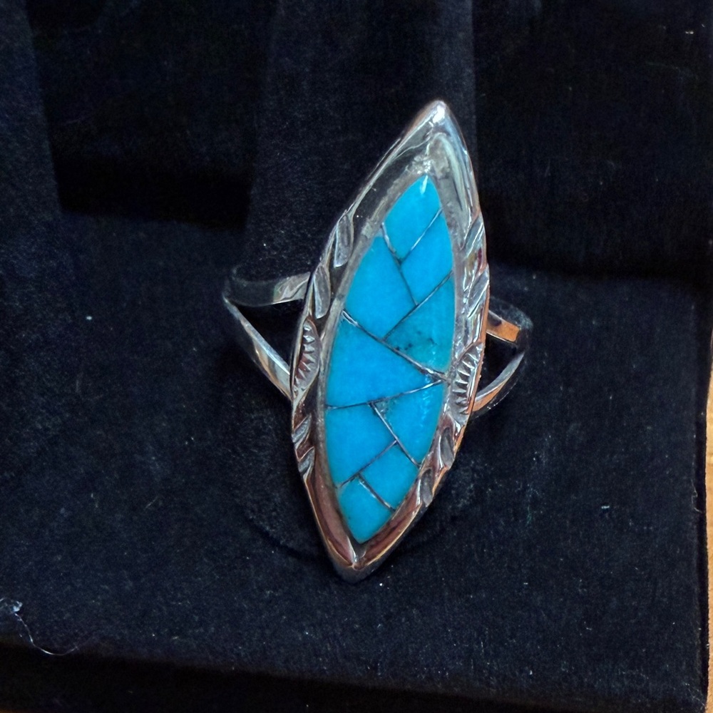 Turquoise Inlay Marquise Silver Ring - Blue